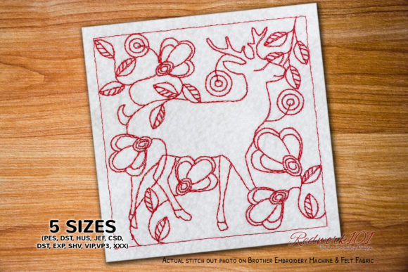 Cute Deer with Floral Background Redwork Review